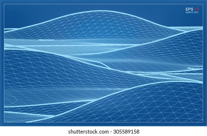 Abstract 3D wireframe blueprint of surrounding contour. Vector wave of landscape graphic.