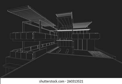 Abstract 3D Wireframe Of Building. 