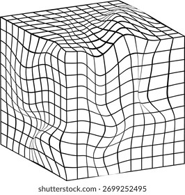 Abstract 3d wireframe cube with distorted grid pattern showing warped surface and dimensional deformation