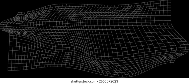 Grade curvada abstrata em wireframe 3D sobre um plano de fundo preto