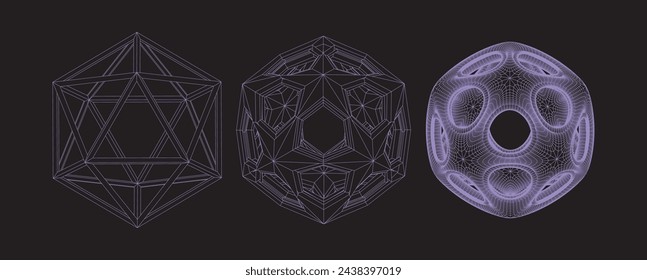 Abstraktes 3D-Drahtmodell-Element. Futuristische Maschenformen, niedrige und hohe Polykugeln. Vektorsatz