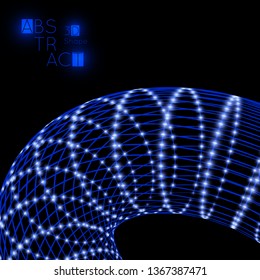 Abstract 3D wireframe geometric shape with blue glow on black background. Futuristic cover template. Bright neon web banner layout.