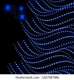 Abstract 3D wireframe geometric shape with blue glow on black background. Futuristic cover template. Bright neon web banner layout.