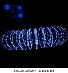 Abstract 3D wireframe geometric shape with blue glow on black background. Futuristic cover template. Bright neon web banner layout.