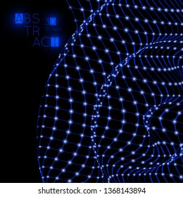 Abstract 3D wireframe geometric shape with blue glow on black background. Futuristic cover template. Bright neon web banner layout.