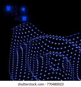 Abstract 3D wireframe geometric shape with blue glow on black background. Futuristic cover template. Bright neon web banner layout.