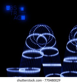 Abstract 3D wireframe geometric shape with blue glow on black background. Futuristic cover template. Bright neon web banner layout.