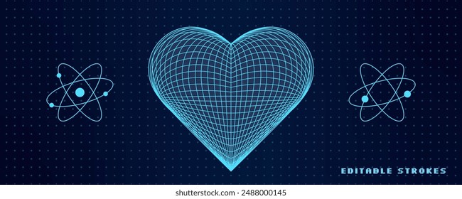 Abstract 3D wireframe heart shape with mesh grid and atom designs. Neon blue Y2K geometry, featuring digital and futuristic cyberpunk elements. Surreal psychedelic tech art with editable stroke.