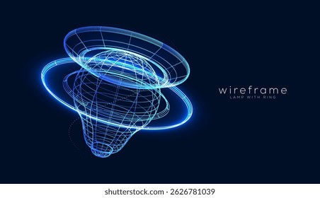 Abstractas lámpara de marco de alambre 3D con anillo. bombilla azul geométrica que brilla intensamente sobre fondo azul. Concepto de tecnología futurista. Ilustración de Vector	