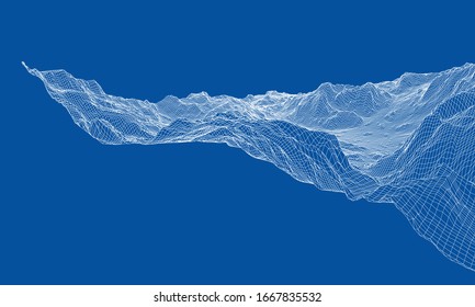 Abstract 3d Wire-frame Landscape. Blueprint Style. Vector Rendering From 3D Model. Geology Terrain