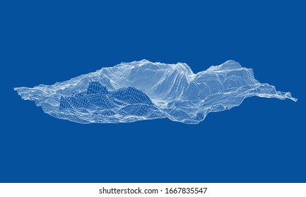 Abstract 3d wire-frame landscape. Blueprint style. Vector rendering from 3D model. Geology Terrain