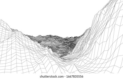 Abstract 3d wire-frame landscape. Blueprint style. Vector rendering from 3D model. Geology Terrain