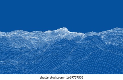 Abstract 3d wire-frame landscape. Blueprint style. Vector rendering from 3D model. Geology Terrain