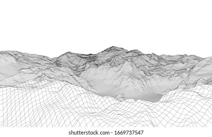 Abstract 3d wire-frame landscape. Blueprint style. Vector rendering from 3D model. Geology Terrain