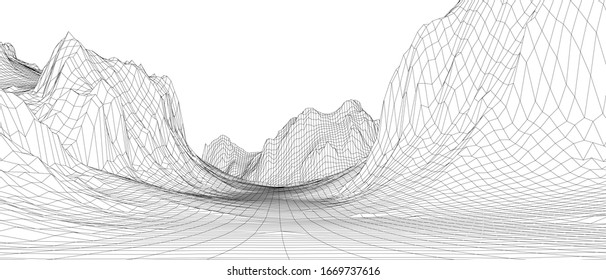 Abstract 3d wire-frame landscape. Blueprint style. Vector rendering from 3D model. Geology Terrain