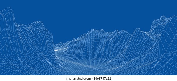 Abstract 3d wire-frame landscape. Blueprint style. Vector rendering from 3D model. Geology Terrain