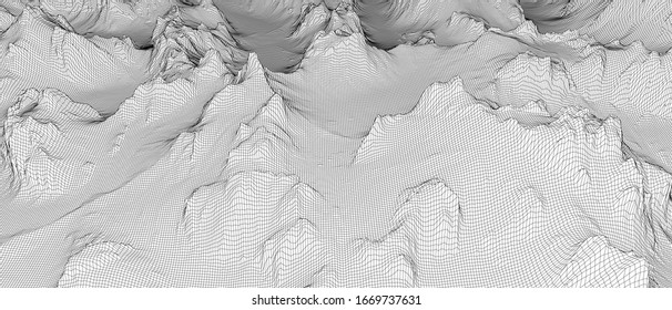 Abstract 3d wire-frame landscape. Blueprint style. Vector rendering from 3D model. Geology Terrain