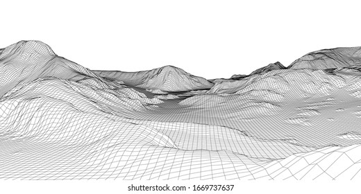 Abstract 3d wire-frame landscape. Blueprint style. Vector rendering from 3D model. Geology Terrain