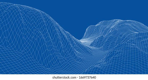 Abstract 3d wire-frame landscape. Blueprint style. Vector rendering from 3D model. Geology Terrain