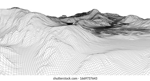 Abstract 3d wire-frame landscape. Blueprint style. Vector rendering from 3D model. Geology Terrain