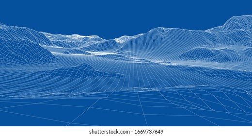 Abstract 3d wire-frame landscape. Blueprint style. Vector rendering from 3D model. Geology Terrain