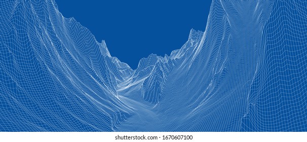 Abstract 3d wire-frame landscape. Blueprint style. Vector rendering from 3D model. Geology Terrain