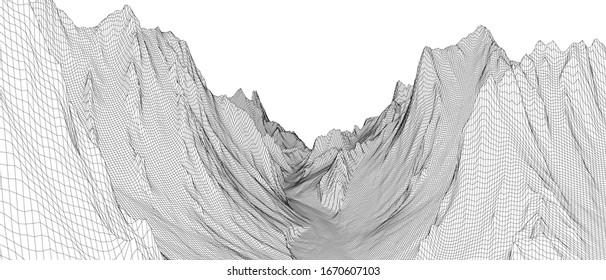 Abstract 3d wire-frame landscape. Blueprint style. Vector rendering from 3D model. Geology Terrain