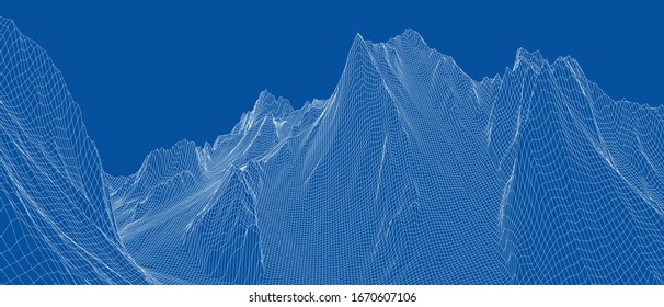 Panorama abstracto del bastidor de alambre 3d. Estilo Blueprint. Representación vectorial del modelo 3D. Terreno geológico