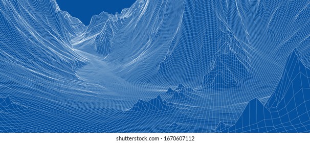 Abstract 3d wire-frame landscape. Blueprint style. Vector rendering from 3D model. Geology Terrain
