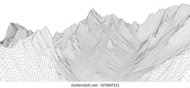 Abstract 3d wire-frame landscape. Blueprint style. Vector rendering from 3D model. Geology Terrain