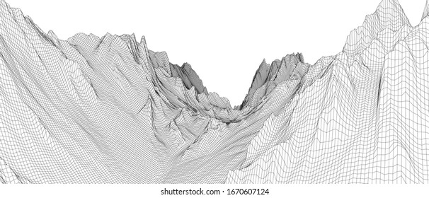 Abstract 3d wire-frame landscape. Blueprint style. Vector rendering from 3D model. Geology Terrain