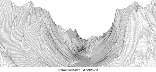Abstract 3d wire-frame landscape. Blueprint style. Vector rendering from 3D model. Geology Terrain