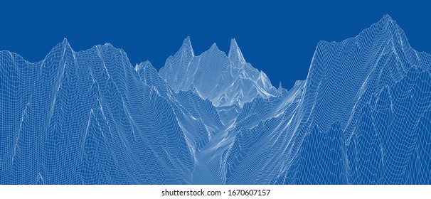 Abstract 3d wire-frame landscape. Blueprint style. Vector rendering from 3D model. Geology Terrain