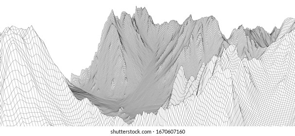 Abstract 3d wire-frame landscape. Blueprint style. Vector rendering from 3D model. Geology Terrain