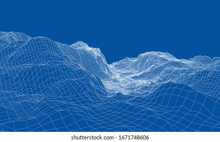 Abstract 3d wire-frame landscape. Blueprint style. Vector rendering from 3D model. Geology Terrain