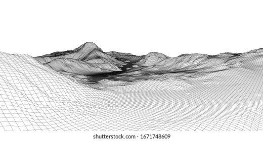Panorama abstracto del bastidor de alambre 3d. Estilo Blueprint. Representación vectorial del modelo 3D. Terreno geológico