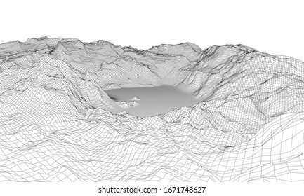Abstract 3d wire-frame landscape. Blueprint style. Vector rendering from 3D model. Geology Terrain
