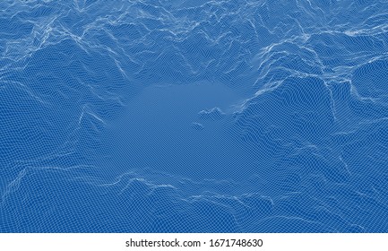 Abstract 3d wire-frame landscape. Blueprint style. Vector rendering from 3D model. Geology Terrain