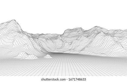 Panorama abstracto del bastidor de alambre 3d. Estilo Blueprint. Representación vectorial del modelo 3D. Terreno geológico