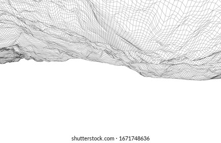 Abstract 3d wire-frame landscape. Blueprint style. Vector rendering from 3D model. Geology Terrain