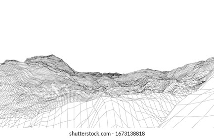Abstract 3d wire-frame landscape. Blueprint style. Vector rendering from 3D model. Geology Terrain