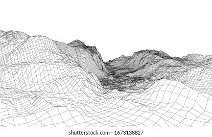 Abstract 3d wire-frame landscape. Blueprint style. Vector rendering from 3D model. Geology Terrain
