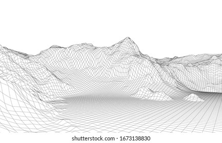 Abstract 3d wire-frame landscape. Blueprint style. Vector rendering from 3D model. Geology Terrain