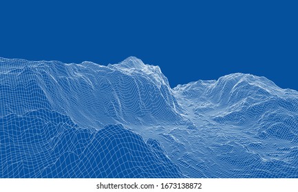 Abstract 3d wire-frame landscape. Blueprint style. Vector rendering from 3D model. Geology Terrain