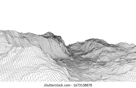 Abstract 3d wire-frame landscape. Blueprint style. Vector rendering from 3D model. Geology Terrain