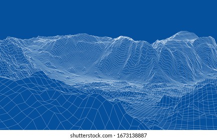 Abstract 3d wire-frame landscape. Blueprint style. Vector rendering from 3D model. Geology Terrain