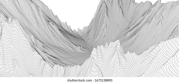 Abstract 3d wire-frame landscape. Blueprint style. Vector rendering from 3D model. Geology Terrain