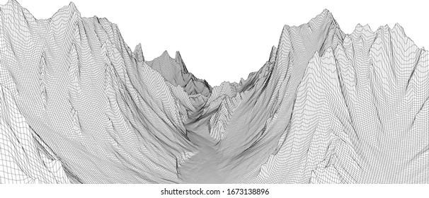 Abstract 3d wire-frame landscape. Blueprint style. Vector rendering from 3D model. Geology Terrain