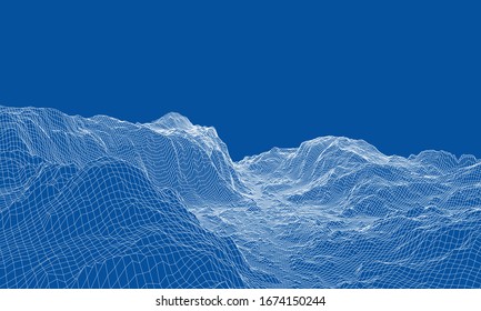 Abstract 3d wire-frame landscape. Blueprint style. Vector rendering from 3D model. Geology Terrain