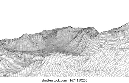Abstract 3d wire-frame landscape. Blueprint style. Vector rendering from 3D model. Geology Terrain